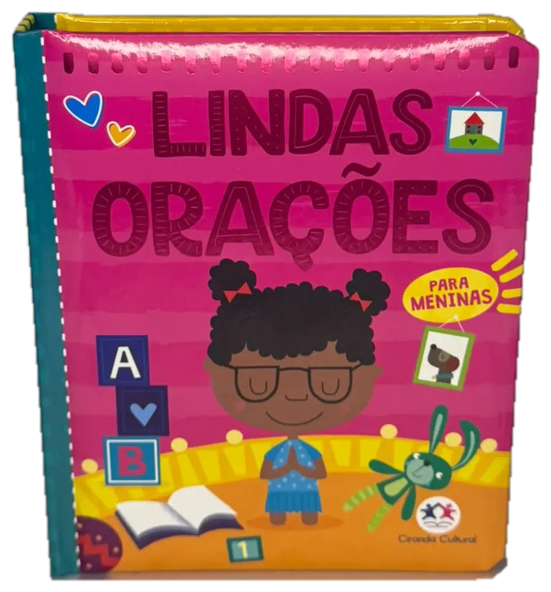 Capa do livro Lindas Orações para meninas: uma menina de óculos rezando, com um coelho e blocos de letras